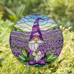 Gnome Lovers' Vibrant Stained Glass Gnome Purple Lavender Field Mosaic Art Stained Glass Suncatcher