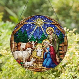 Christmas Enthusiasts' Tiffany Style Stained Glass Nativity Scene with Radiant Golden Glow, Jewel Tones & Starry Night Sky Mosaic Stained Glass Suncatcher