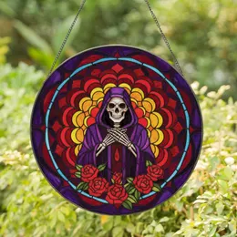 Gothic Art Enthusiasts' Tiffany Stained Glass Skeleton with Vibrant Red Roses, Intricate Dark Purple Gold Mosaic Stained Glass Suncatcher