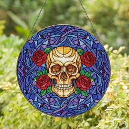 Unique Art Lovers' Tiffany Stained Glass Skull, Red Roses, Vibrant Jewel Tone Mosaic Stained Glass Suncatcher