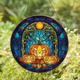 Halloween Enthusiasts' Glowing Tiffany Style Jack-o'-lanterns Ornate Autumn Teal Blue Stained Glass Mosaic Stained Glass Suncatcher