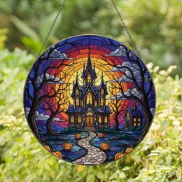 Gothic Art Enthusiasts' Vibrant Tiffany Stained Glass Haunted Mansion Full Moon Twilight Scene with Jack-o'-Lanterns Stained Glass Suncatcher