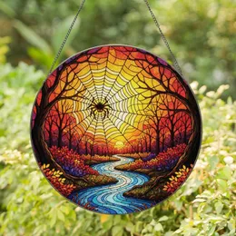 Gothic Art Lovers' Vibrant Tiffany Stained Glass Spiderweb Autumn Sunset Forest Stained Glass Suncatcher