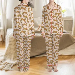 Women's Seamless Stylized Leopard Pattern, Tan Golden Orange Hues Satin Long Sleeve Relaxed Fit Pajama Set Satin Pajamas Set