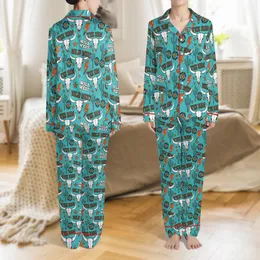 Women's Retro Western Bull Skull Lightning Pop Art Aqua Blue 'YEE HAW' Short Sleeve Jersey Pajama Set Satin Pajamas Set
