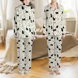 Women's Summer Whimsical Hand-Drawn Feline Print Pajamas Set: Open Front Short Sleeve Shorts, Built-In Padding, Thin Polyester Satin Pajamas Set