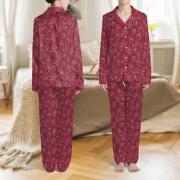 Women's Minimalist 'X' Eyes Teddy Bear Pattern on Burgundy - Cozy Flannel Long Sleeve Pajama Set Satin Pajamas Set