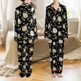Women's Elegant Hand-Drawn Peony Blossom Black Botanical V-Neck Sleep Set 2pc Satin Pajamas Set