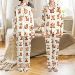 Unisex Adult Whimsical Watercolor Highland Cow Fluffy Farm Animal Pattern Lightweight Robe Satin Pajamas Set