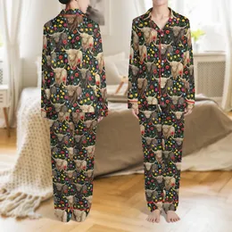 Boho Cow Lover Whimsical Shaggy Highland Cattle Vibrant Wildflower Fleece Blend Lounge Wear Satin Pajamas Set