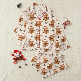 Scottish Highland Cow Christmas Faux Chunky Knit Stacked Cow Design Loungewear Satin Pajamas Set