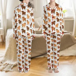 Highland Cow Fan's Festive Loungewear: Shaggy Calf Pattern, Christmas Lights & Plaid Scarves Satin Pajamas Set