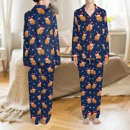 Men's & Women's Christmas Pixel Highland Cow Cotton Blend Socks - Santa Hat & Snowflake Satin Pajamas Set
