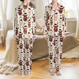 Highland Cow Christmas Faux Latch Hook Design - Cozy Winter Loungewear Satin Pajamas Set