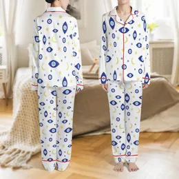 Women's Plus Size Two-Piece Lounge Set: Mystical Evil Eye Star Moon Print, Short Sleeve & Long Pants Satin Pajamas Set