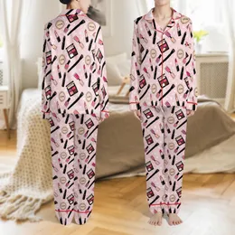 Beauty Lover's Satin Sleep Set: Fuchsia Lipstick & Eye Palette Cosmetic Pattern Satin Pajamas Set