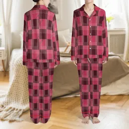 Women's Deep Maroon & Pink Geometric Plaid Satin Short-Sleeve Sleep Set Satin Pajamas Set