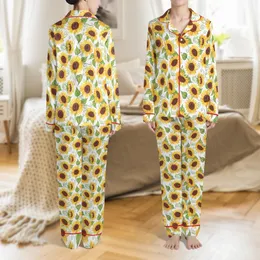 Women's Watercolor Sunflower Pajamas: Golden Yellow Floral Pattern Sleep Set Satin Pajamas Set