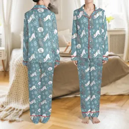 Cat Lover's Personalized Sleep Set: Whimsical Teal Cat & Snowflake Pajamas Satin Pajamas Set