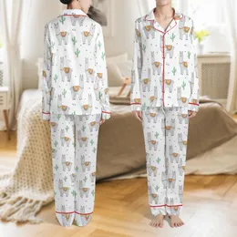 Llama Lover Pajamas: Whimsical Light Grey Llama & Pastel Cactus Pattern Satin Pajamas Set