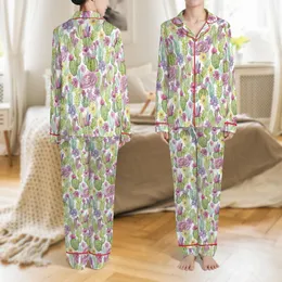 Succulent Lover's Botanical Pajamas: Hand-Painted Cacti & Vibrant Watercolor Sleep Set Satin Pajamas Set