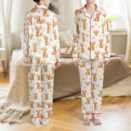 Boho Farmhouse Style Highland Cow Pink Floral Print Cozy Pajama Set Satin Pajamas Set