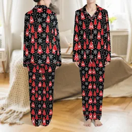 Family Matching Holiday Pajamas: Black & Red Vector Christmas Tree, Snowflake, Reindeer Pattern Satin Pajamas Set
