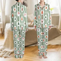 Women's Button-Up Long Sleeve Christmas Sleep Set: Whimsical Santa Gingerbread Tree Print Satin Pajamas Set