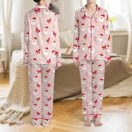 Mom & Daughter Matching Christmas Pajamas: Pink Cartoon Santa, Red Bows & Feather Trim Satin Pajamas Set