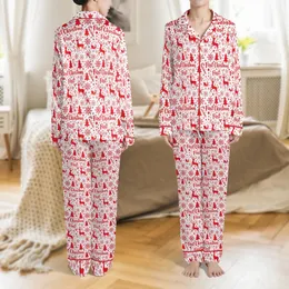 Family's First Christmas Personalised Sleep Set: Red & White Fair Isle Reindeer & Snowflake Cotton Loungewear Satin Pajamas Set