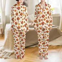 Autumn Lovers' Whimsical Hand-Drawn Thanksgiving Pattern with Cartoon Turkeys, Pumpkin Pie, Sunflowers, Fall Leaves on Cream Satin Pajamas Set