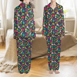 Vizsla Lover Cheerful Dog Pattern: Vibrant Fuchsia Teal Blobs, Heads & Paws Satin Pajamas Set