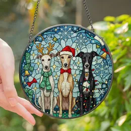 Christmas Dog Lovers' Tiffany Style Whippet Dogs Stained Glass Festive Antlers Santa Hat Lights Jewel Tones Stained Glass Suncatcher