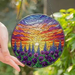 Nature Lovers' Vibrant Jewel Tone Stained Glass Pansy Lupine Sunset Mosaic Stained Glass Suncatcher
