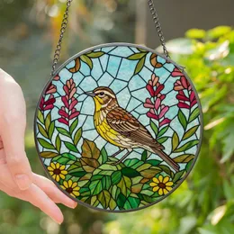 Nature Lovers' Detailed Stained Glass Western Meadowlark Meadow Floral Mosaic Jewel Tones Geometric Blue Background Stained Glass Suncatcher