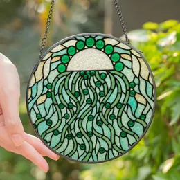 Art Lovers' Intricate Emerald Green Stained Glass Cascading Plant Tendrils Dappled Light Mosaic Stained Glass Suncatcher