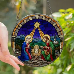Faithful Art Enthusiasts' Tiffany-Style Nativity Adoration Stained Glass Mosaic, Deep Blue Red Gold Jewel Tones, Radiant Star, Detailed Archway Stained Glass Suncatcher