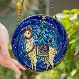 Holiday Enthusiasts' Luminous Cream Llama Tiffany Stained Glass Christmas Tree Winter Night Mosaic Stained Glass Suncatcher