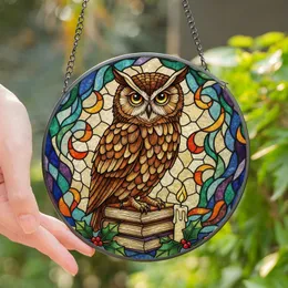 Enchanted Forest Art Lovers' Tiffany Stained Glass Wise Owl Antique Books Holly Berries Emerald Ruby Amber Mosaic Stained Glass Suncatcher