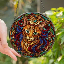 Cat Lovers' Vibrant Jewel Tone Stained Glass Cat Mosaic with Blue-Green Eyes & Intricate Geometric Swirl Patterns Stained Glass Suncatcher