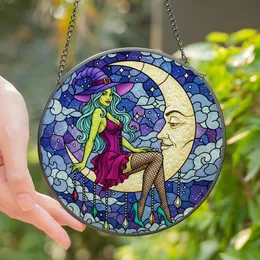 Fantasy Art Collectors' Stained Glass Mystical Sorceress Moon Celestial Tapestry Purple Green Blue Stained Glass Suncatcher