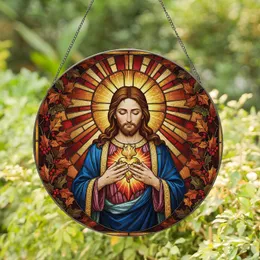 Devotional Art Lover Tiffany Stained Glass Jesus Christ Sacred Heart Autumn Golden Ruby Mosaic Stained Glass Suncatcher