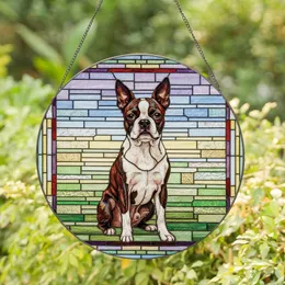 Boston Terrier Lovers' Intricate Tiffany Stained Glass Boston Terrier Dog Mosaic Brindle White Lavender Blue Green Stained Glass Suncatcher