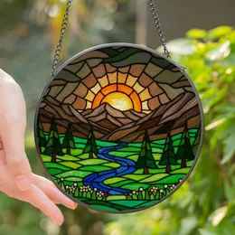 Nature Lovers' Vibrant Stained Glass Mountain Sun, Emerald Green Field, Blue River & Deep Orange Sky Stained Glass Suncatcher