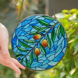 Nature Lovers' Tiffany Style Stained Glass Olive Branch Emerald Green Amber Cerulean Blue Mosaic Stained Glass Suncatcher