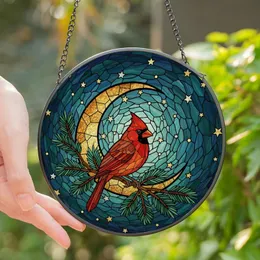 Nature Lovers' Vibrant Red Cardinal Pine Branch Tiffany Stained Glass Mosaic Celestial Crescent Moon Jewel Tones Stained Glass Suncatcher