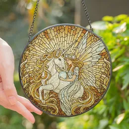 Fantasy Lovers' Ethereal Stained Glass Fairy Unicorn Jewel Tone Gold Blue Amber Art Stained Glass Suncatcher