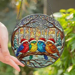 Christmas Lovers' Jewel Tone Stained Glass Songbirds Santa Hats Winter Forest Mosaic Stained Glass Suncatcher