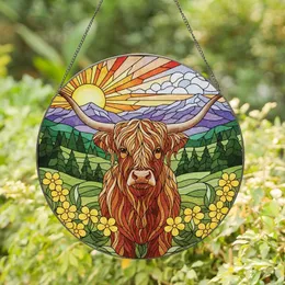 Nature Lovers' Tiffany Stained Glass Highland Cow Portrait Mountain Sunset Mosaic Stained Glass Suncatcher