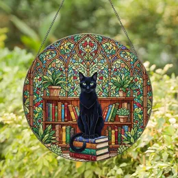 Cat Lovers' Tiffany Stained Glass Black Cat Bookshelf Vibrant Jewel Tones Floral Mosaic Design Stained Glass Suncatcher